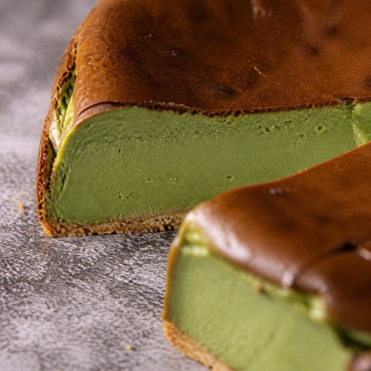 Marvelous Matcha Burnt Basque Cheesecake cake detail close-up