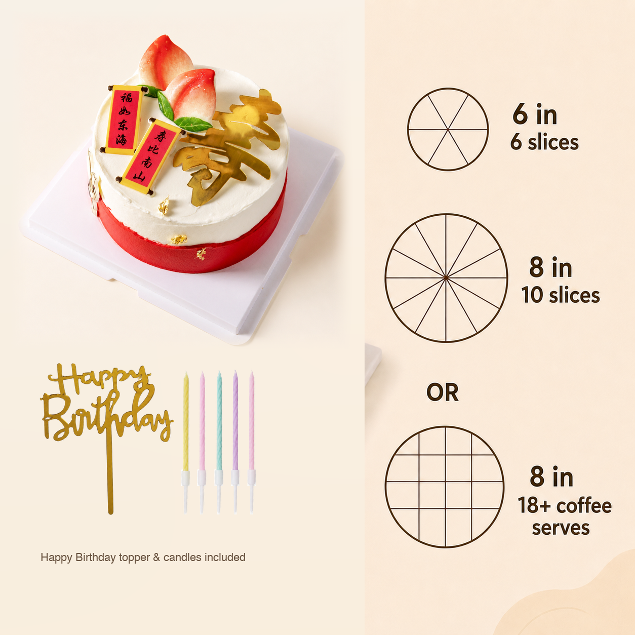Longevity Cake with Best Wishes cake size and serving guide