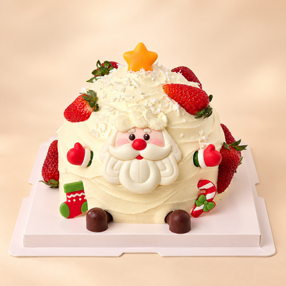 Santa Cake – front product view with hand-sculpted Santa and strawberries