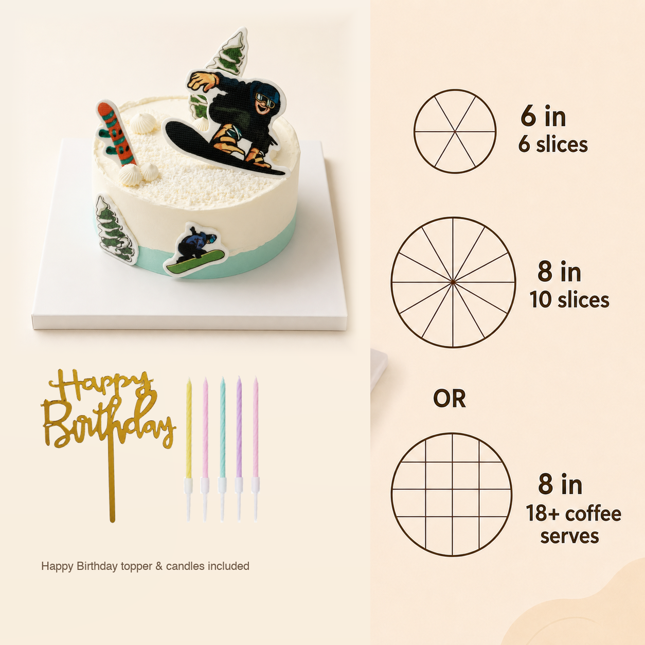 Snow-Skiing Cake cake size and serving guide