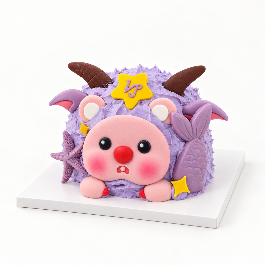 Sam Baking High Capricorn birthday cake with a horned character, soft lilac finish and zodiac details